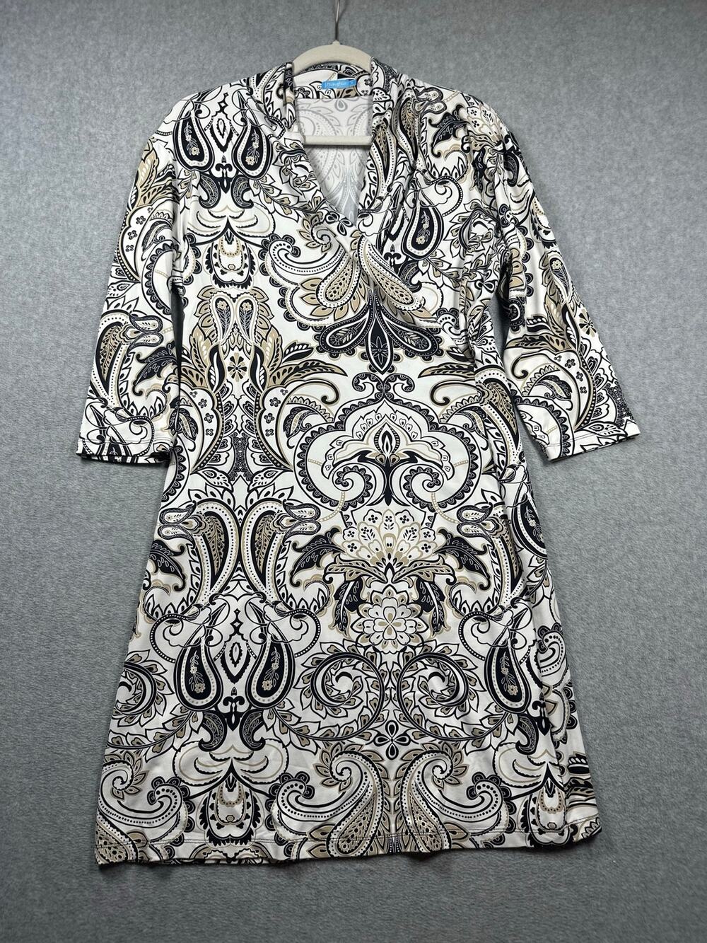 J. McLaughlin Knee Length Wrap Dress Women's Medium Beige Paisley 3/4 Sleeves